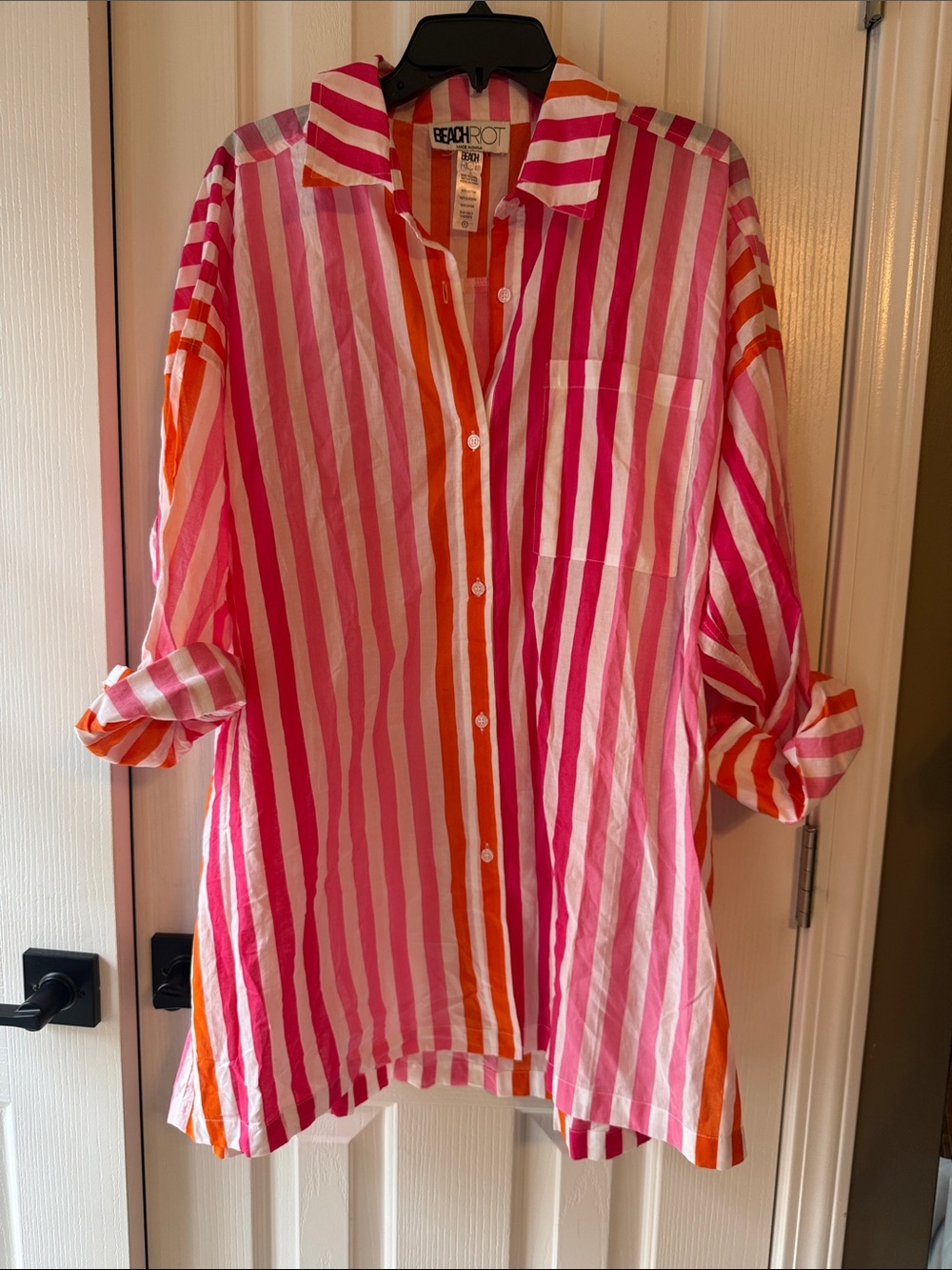 Beach Riot Pink, Orange & White Striped Button-Down Coverup Shirt